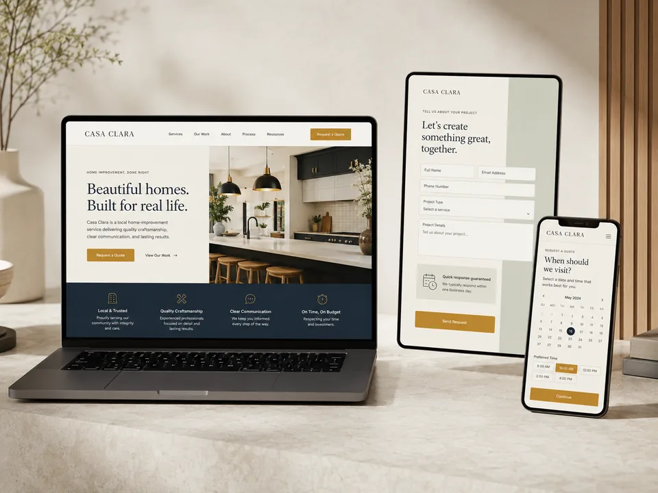 Mockup portfolio del progetto Casa Clara con sito, form di lead generation e interfaccia mobile.