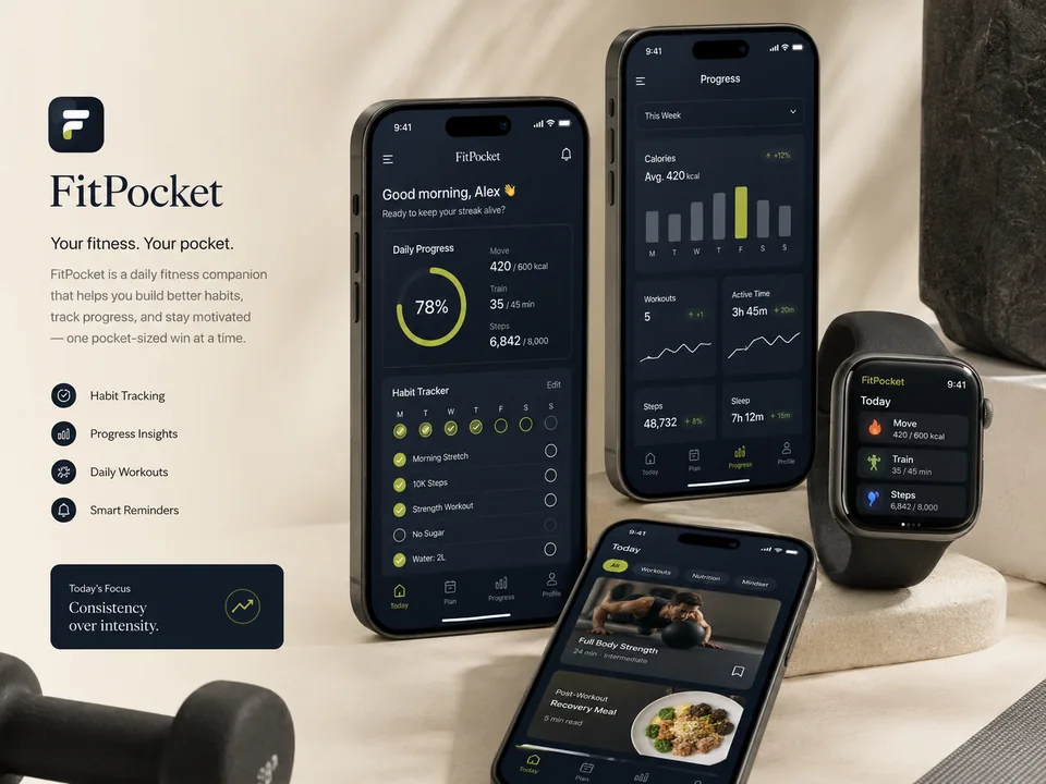 Mockup portfolio del progetto FitPocket con interfacce mobile fitness, tracking e smartwatch.