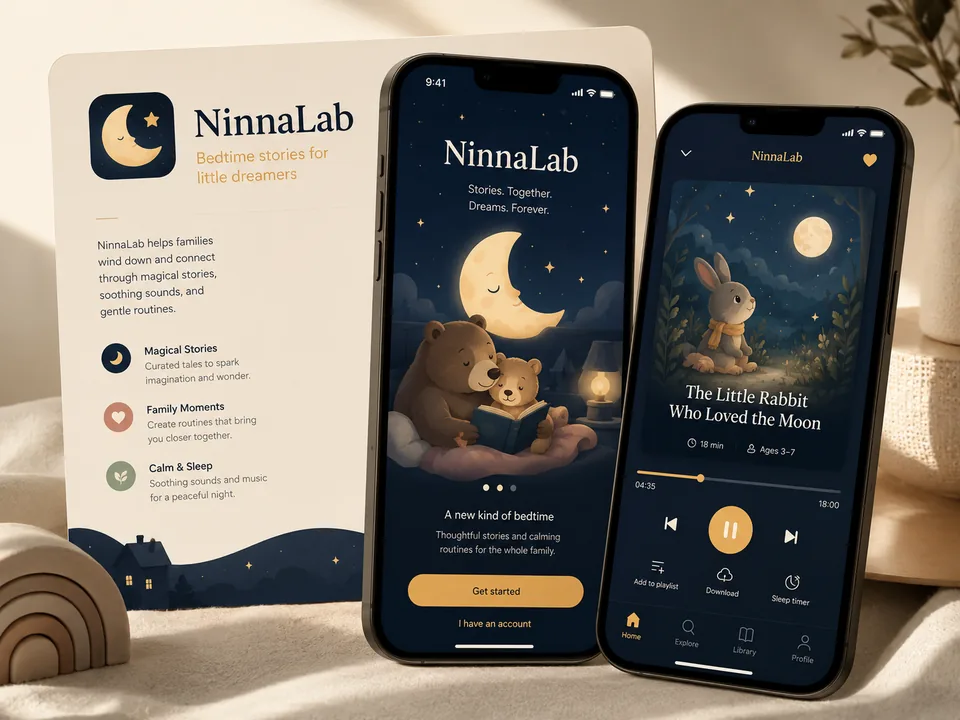 Mockup portfolio del progetto NinnaLab con interfaccia app bedtime stories per famiglie.
