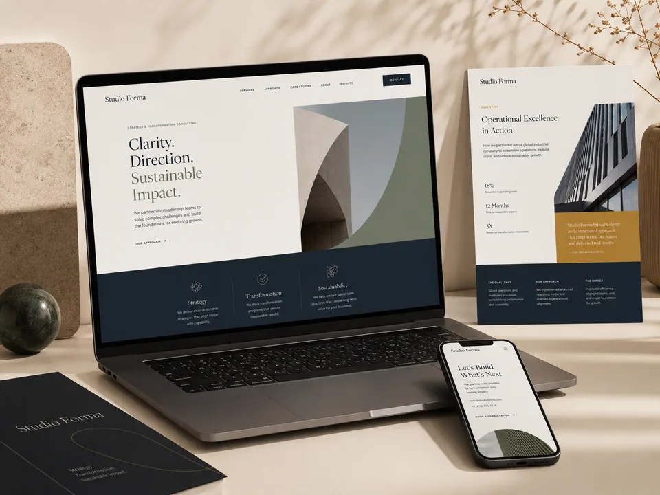 Mockup portfolio del progetto Studio Forma con sito corporate, case study e interfaccia mobile.