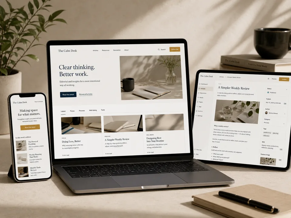 Mockup portfolio del progetto The Calm Desk con sito editoriale, newsletter e ambiente di editing contenuti.