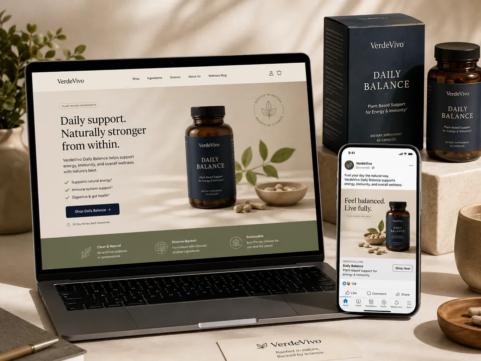 Mockup portfolio del progetto VerdeVivo con landing page, advertising e packaging.